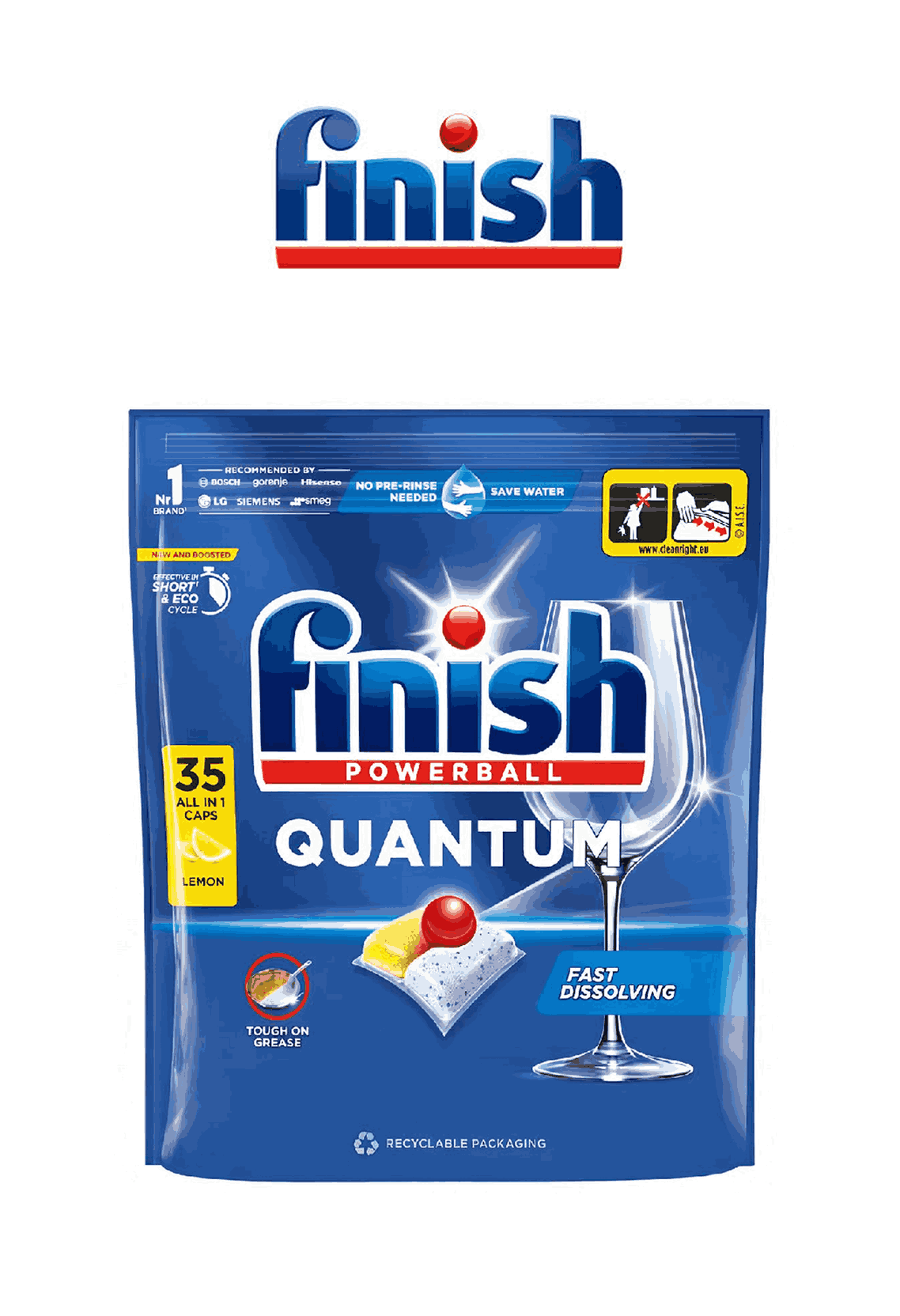 Finish Powerball Quantum AIO Средство для мытья посуды в ПММ в капсулах с ароматом лимона, 35 шт